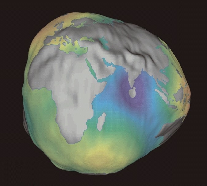 Физички облик Земље (геоид) одређен геодетским истраживањем њеног гравитационог поља (неправилности изражене због бољег приказа)