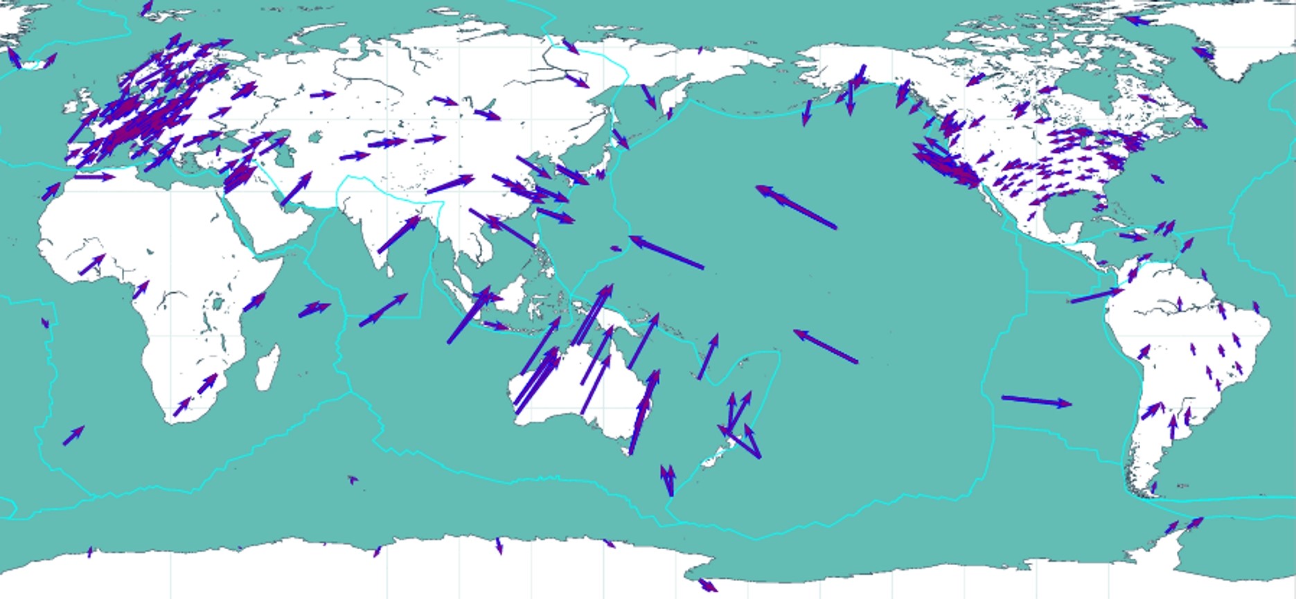 Правци и брзине кретања континенталних литосферних плоча одређени геодетским методама